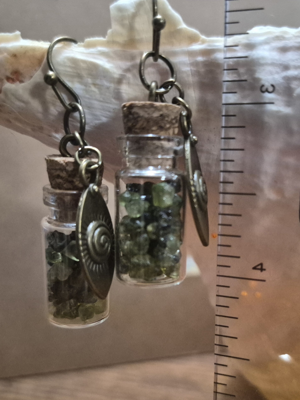 Glass Bottle Earrings with Peridot Gem Chips